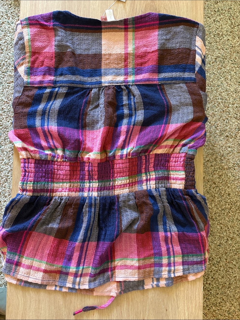 Pilcro Anthropologie -Plaid Drawstring Peplum Blouse in Pink + Navy - Picture 5 of 6